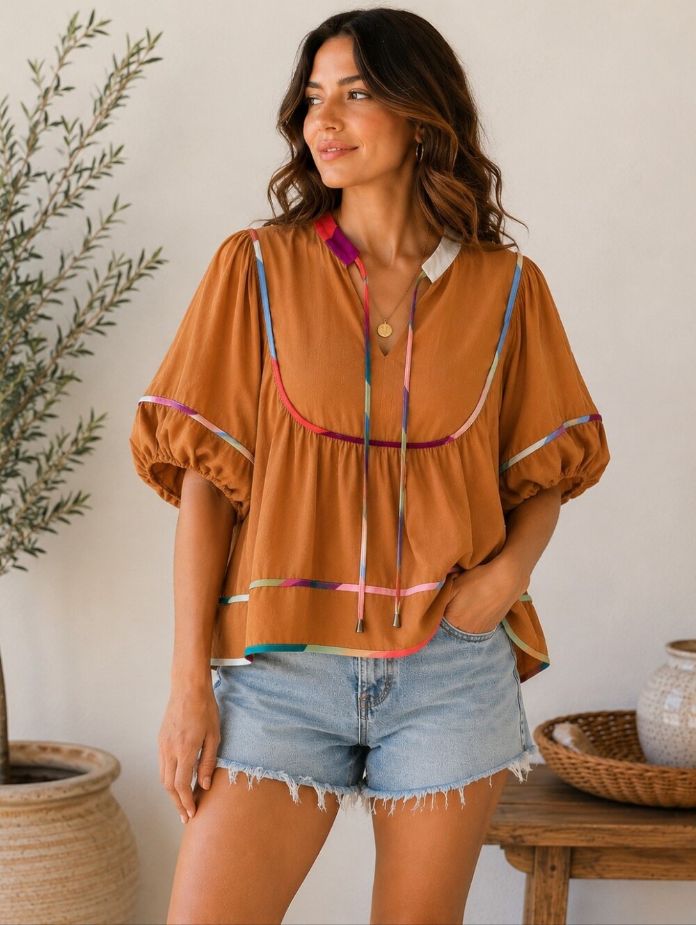 Boho Balloon Sleeve Blouse Camel Multicolor Trim Tie Neck Size Small - Picture 3 of 12